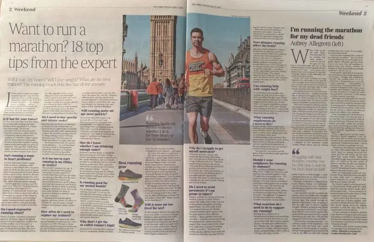 The Times newspaper feature on marathon training advice including expert commentary on eye health, UV protection, dry eye and visual performance during running.